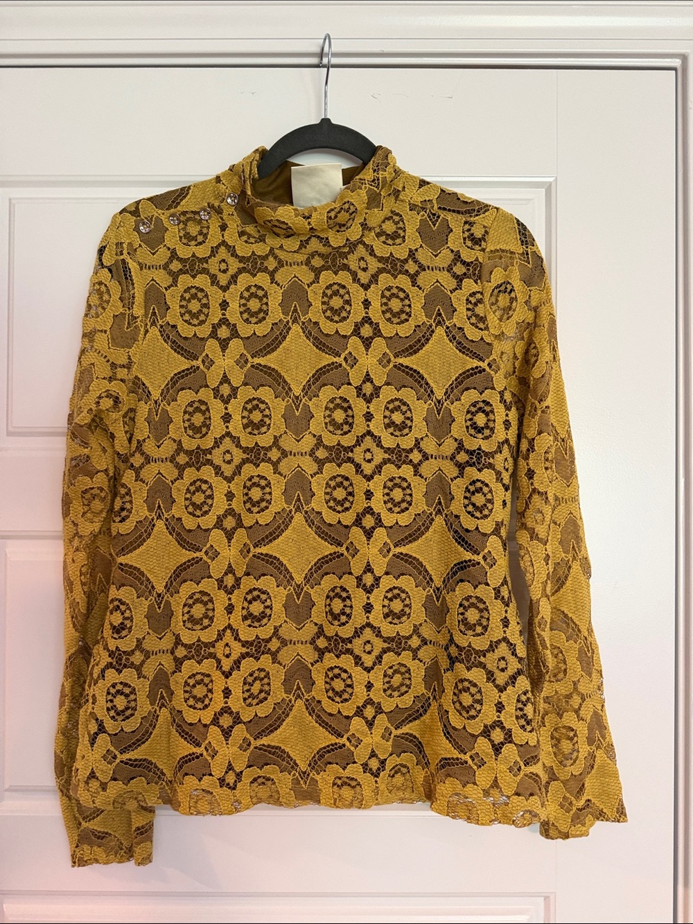Anthropologie Mustard Lace High-Neck Long-Sleeve Top Maeve